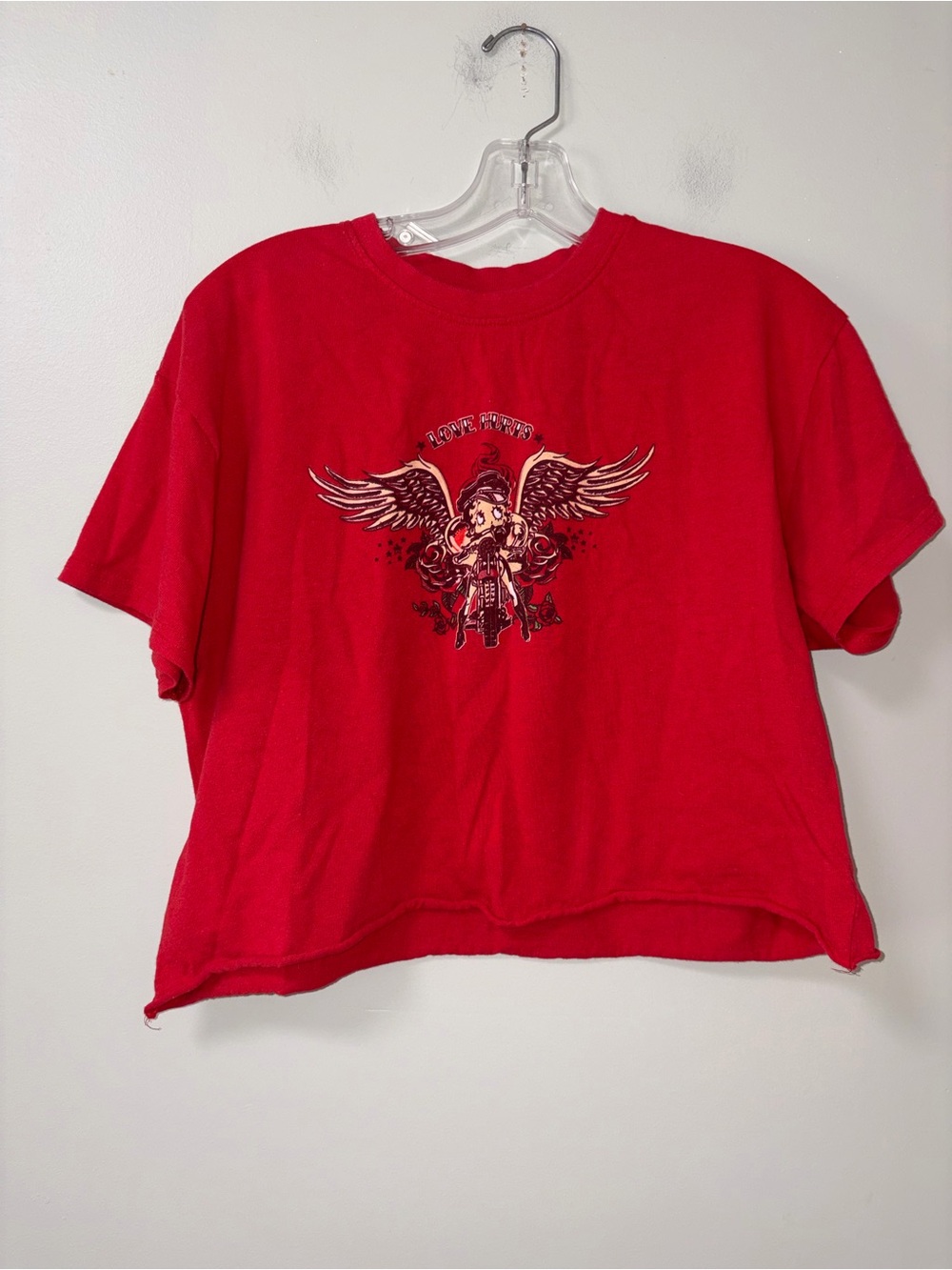Brisco Brands Red Betty Boop Biker Love Hurts Crop Top Grunge Punk L Jrs